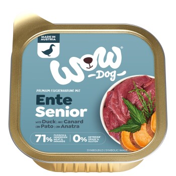 "WOW" Marken Nassfutterverpackung für Hunde mit der Aufschrift "Mit Ente", 71% Fleisch, getreidefrei, geeignet für ältere Hunde, hergestellt in Österreich.